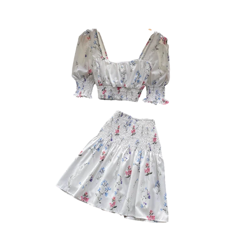 

2021 New Suit Women's Summer Dress Age-reducing Short Top All-match High-waist Skirt Floral Two-piece Suit GL479