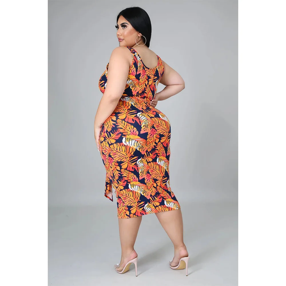 

Plus Size Print Women Clothing 2021 Summer Orange Sleeveless Vest Top and Bandage Maxi Skirt 2 Piece Skirts Sets 4XL Baech Lady