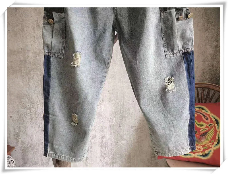 

LYUZHE Vintage Hole Patchwork Denim Trousers Women 2021 Autumn Pockets Spliced Harem Pants Elastic Waist Denim Pants QDY209