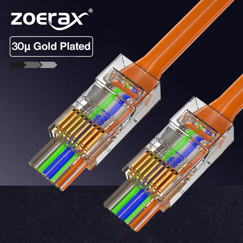 Разъем ZoeRax RJ45 30 МК позолоченный проходной через 3-контактные разъемы Cat6 и кабель