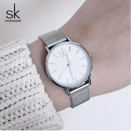 

Часы Shengke женские кварцевые серебристые из нержавеющей стали, 2018