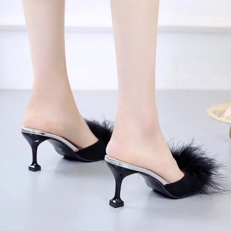 Новинка 2020 летняя обувь женские меховые тапочки на тонком высоком каблуке с