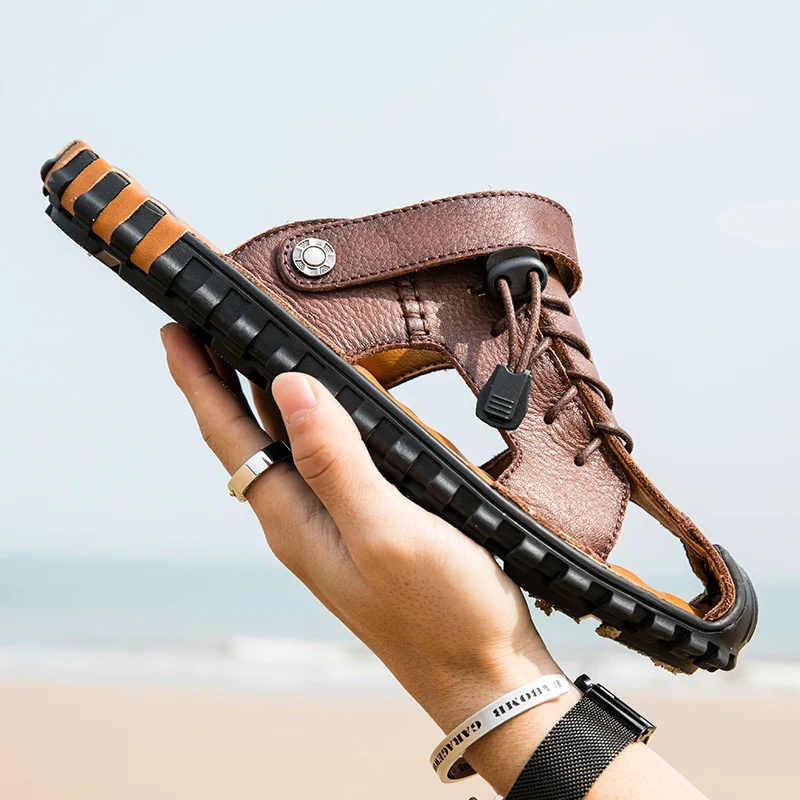 Сандалии мужские летние из натуральной кожи Повседневная пляжная Уличная обувь