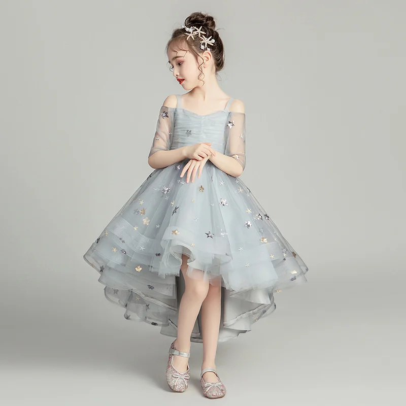 

Flower Girl Romantic Wedding Banquet White Petal Dress Star Printed Dresses for at Eucharist Exchange Etiquette Party