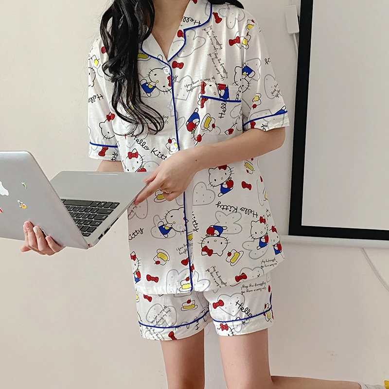 

CBAFU cat cartoon print sleepwear student pajama set summer loose cardigans tops shorts piece set 2 ladies homewear suit N159