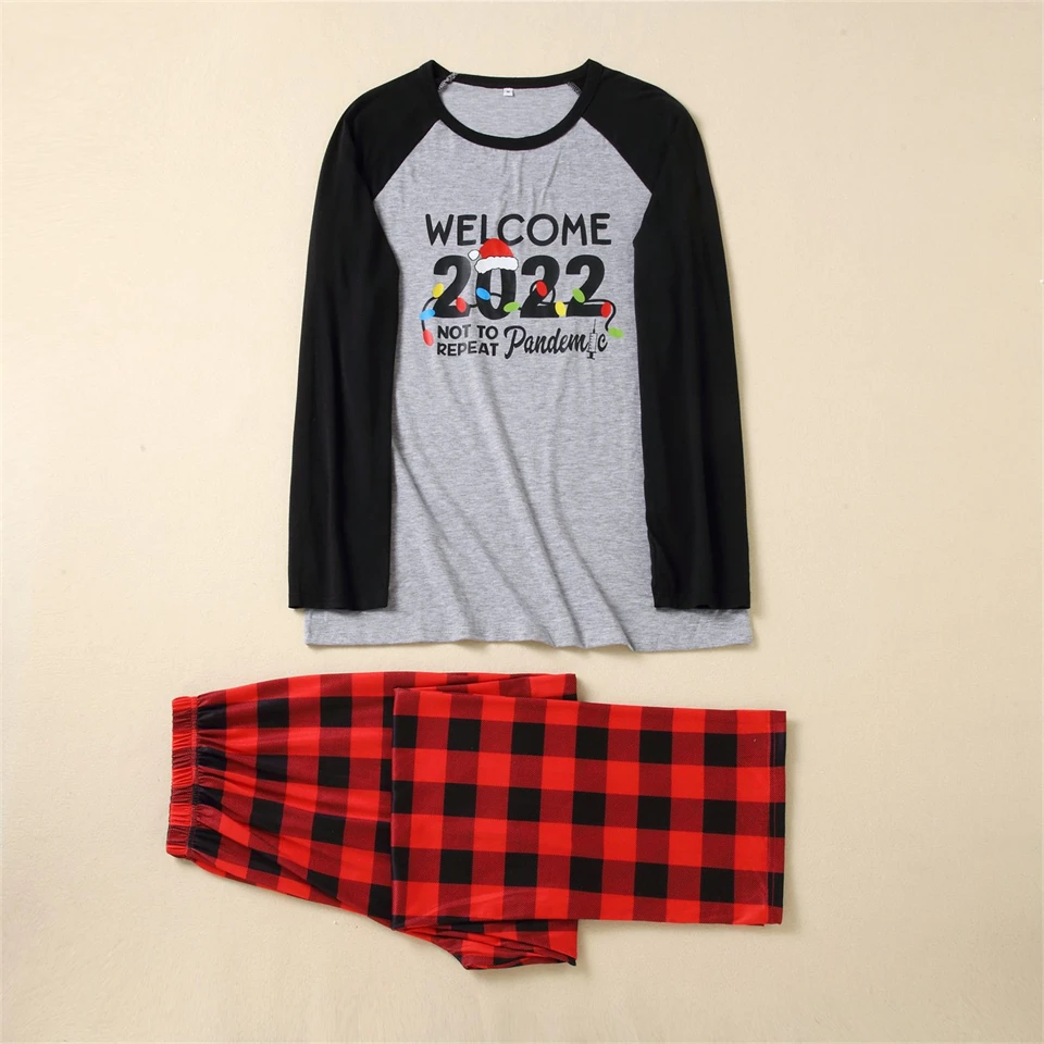 Mother Kids Family Look Matching Christmas Pajamas 2021 Cartoon Letter Printed Women's Tee Shirt Plaid Pants Pjs for Girls Baby