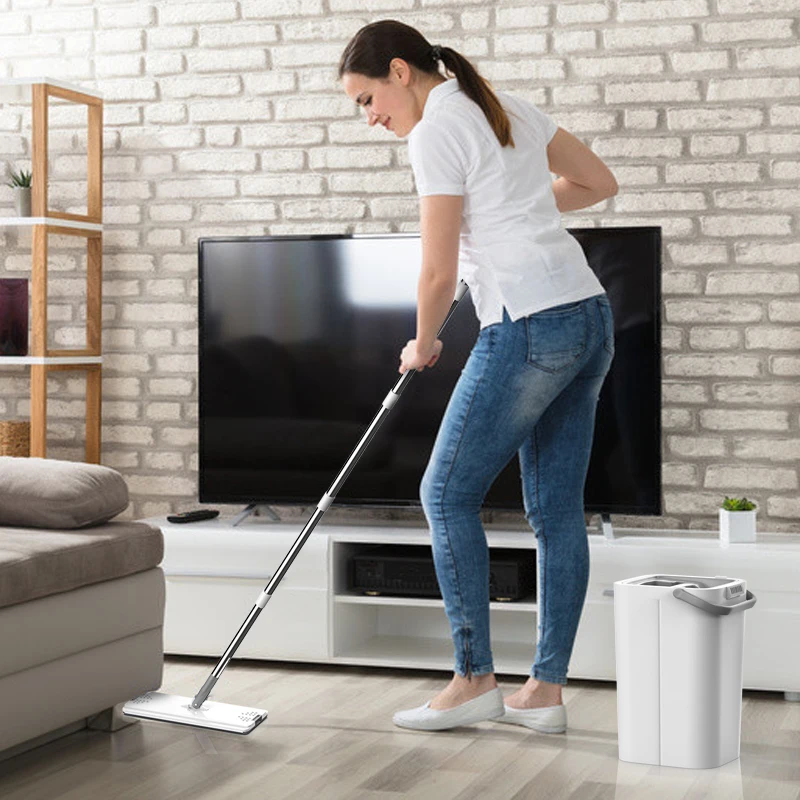 

Floor Mop and Bucket Set, fypo Flat Mop Bucket System Microfiber Pads Extended Stainless Steel Home Hardwood Floor Flexible Mop