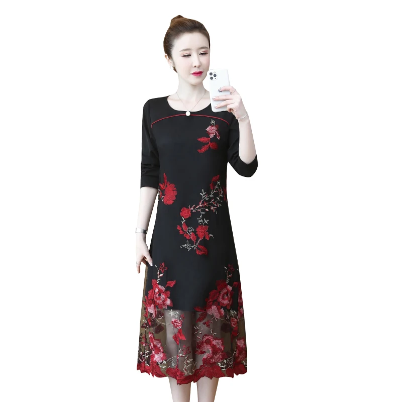 

COIGARSAM 4XL Plus Size Chinese Style Full Sleeve Women dress New Spring Embroidery Loose Dresses 9356