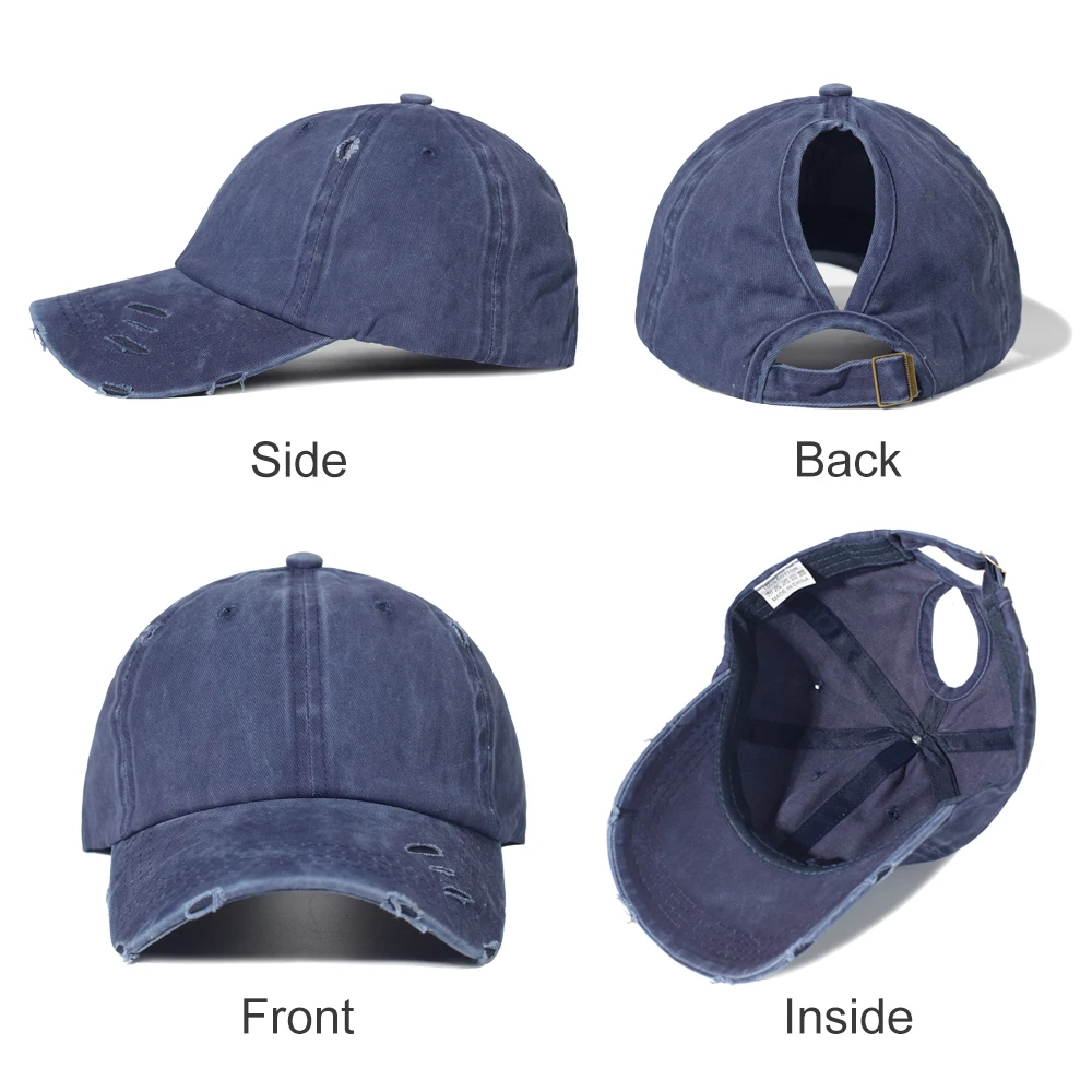 Washed Cotton Ponytail Baseball Caps Woman Adjustable Sports Hat Messy High Bun Hat Casual Solid Color Mesh Trucker Baseball Cap