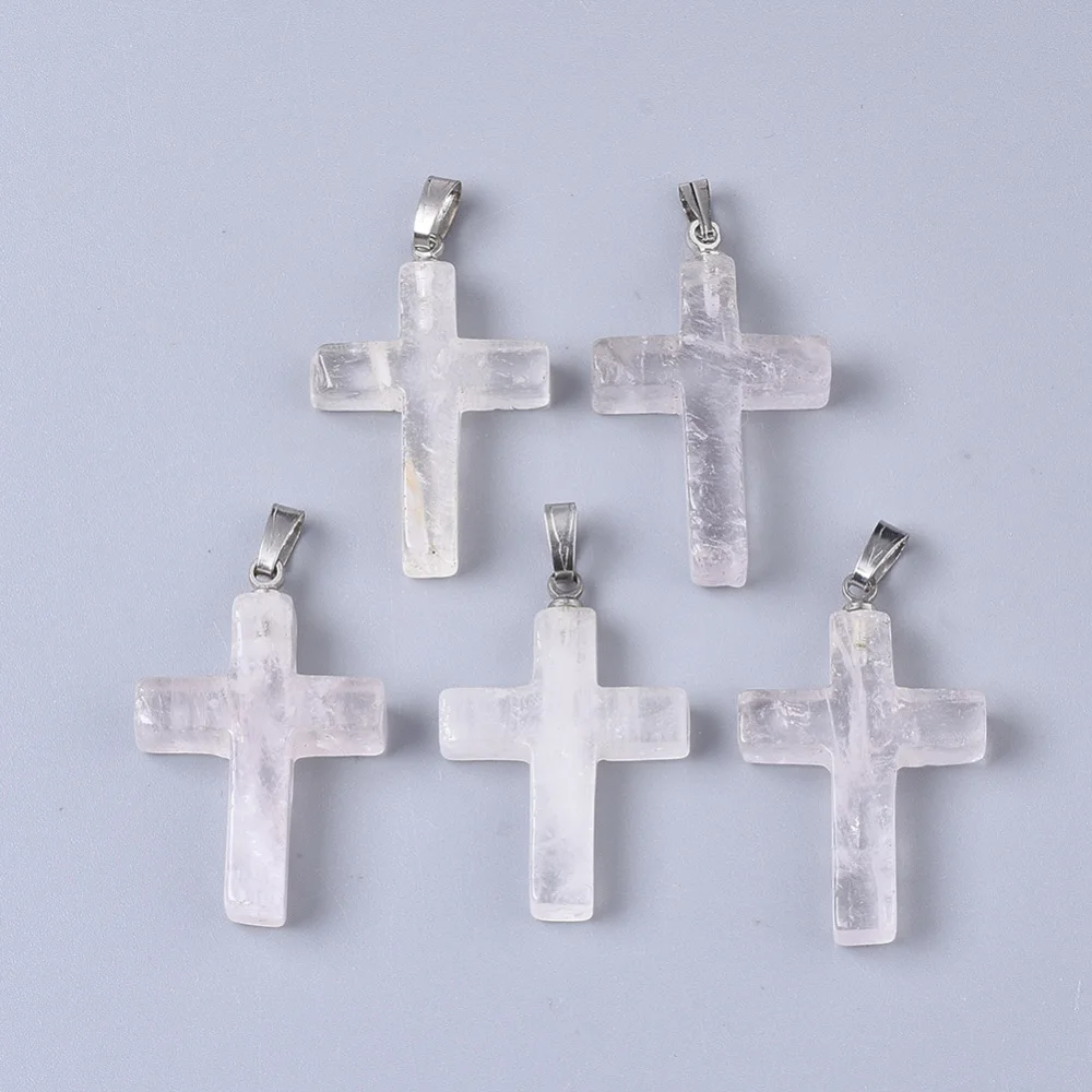 

2PCS Natural Quartz Crystal Pendants with Stainless Steel Peg Bails Cross Stainless Steel Color 29~30x18.5x4.5mm Hole: 5.5x2mm