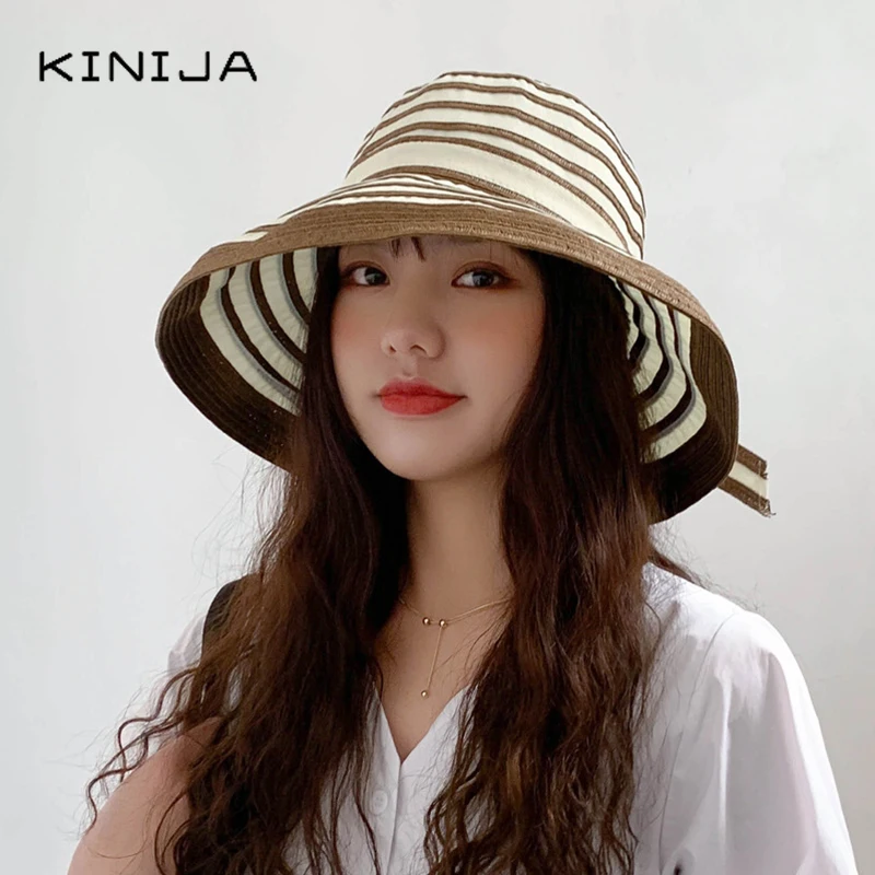 Женская пляжная шляпа Hepburn летняя Панама в полоску с бантом и большими полями