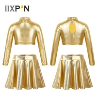 2pcs girls mini short skirt kids metallic tops flared pleated skirt high waist student dress jazz modern dancewear