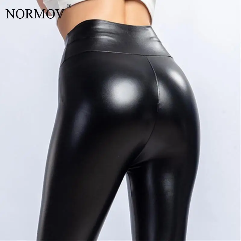 

Женские кожаные леггинсы NORMOV с высокой талией, черные тонкие леггинсы пуш-ап, Женские однотонные обтягивающие леггинсы для тренировок