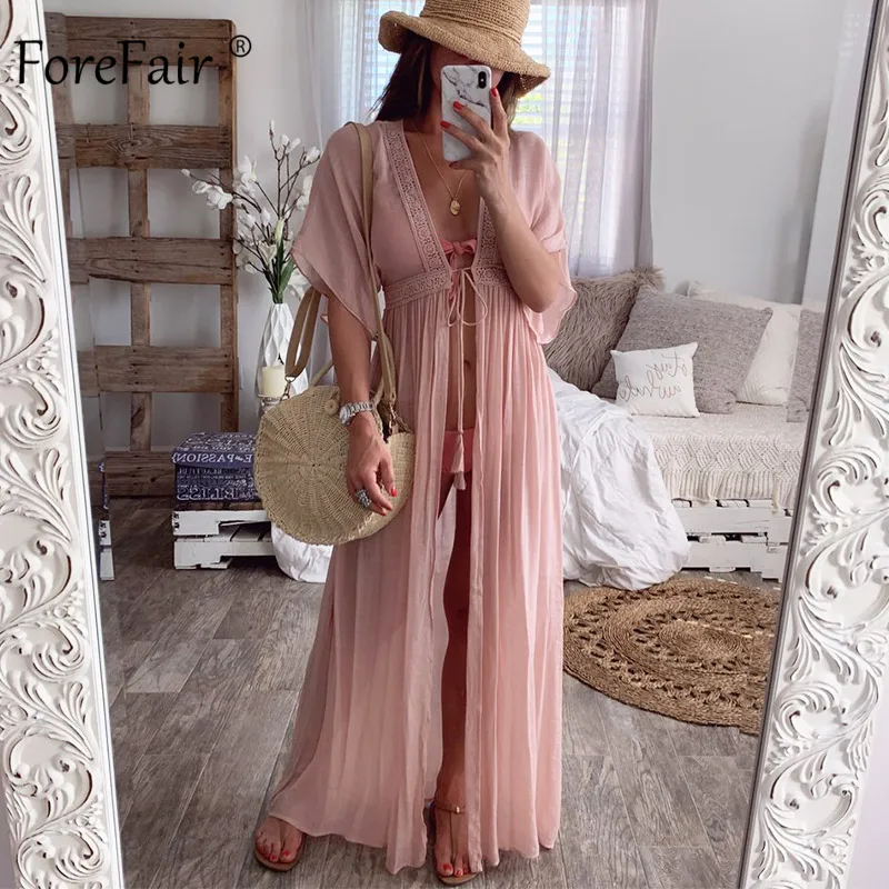 Forefair пляжная туника кружевная прозрачная Длинная летняя сексуальная сплошная