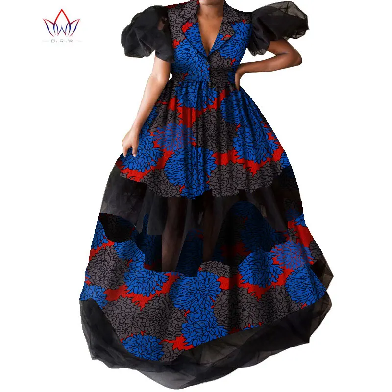 African Print Dresses Bazin Riche Big Pleated Print Wax Long Dresses for Women Plus Size 6XL Africa Clothing for Party WY8433