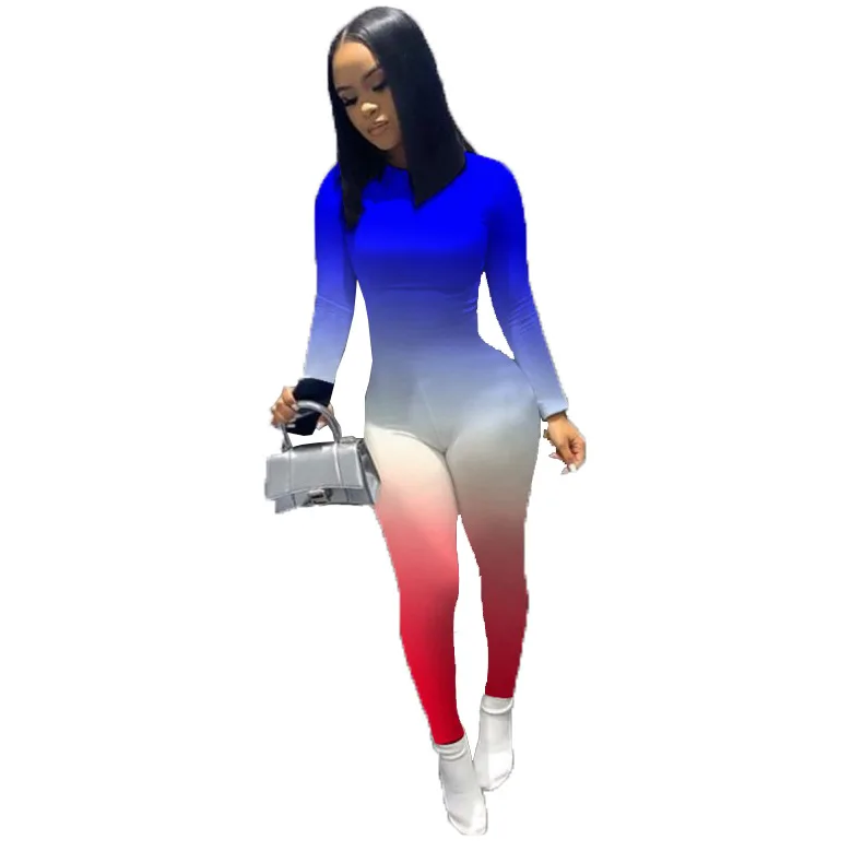 

2021 Autumn New Fashion Women's Gradient Color Printing Long-sleeved Trousers Bodysuit One Piece Outfit