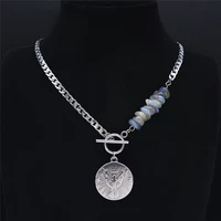 punk eagle stainless%c2%a0steel natural flash stone statement necklace women silver color bead necklaces jewelry collares nxs04