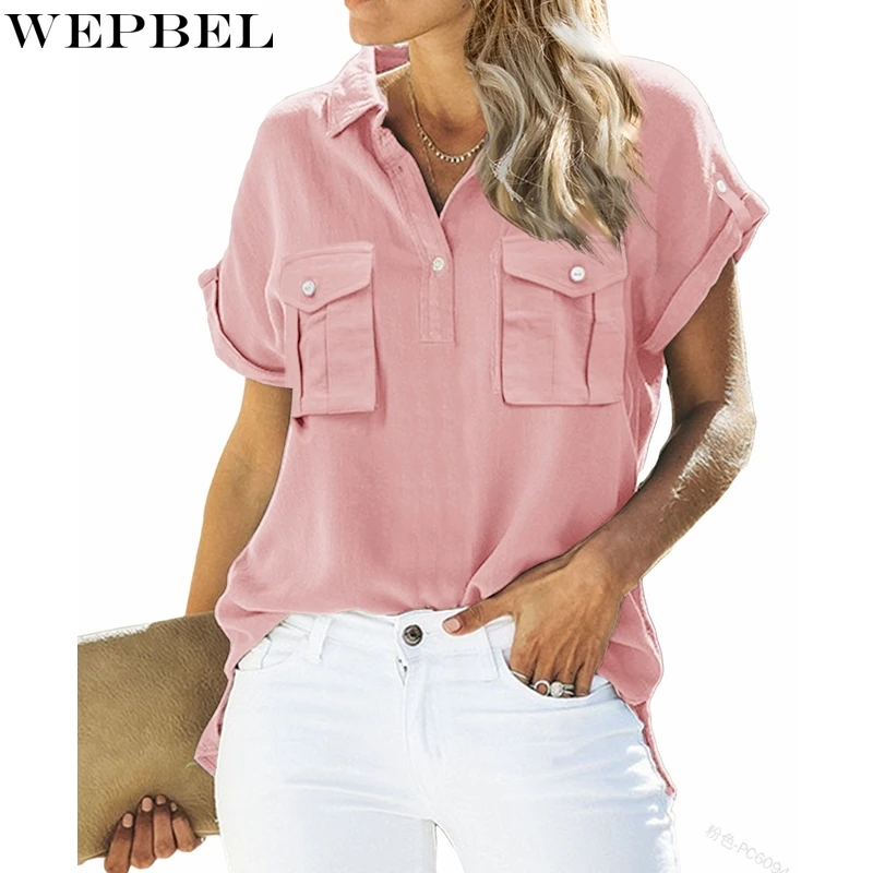 

WEPBEL Fashion Loose Shirt Summer Pockets Splicing Pullover Shirt Women's Short Sleeve Solid Color Turn-down Collar Shirt