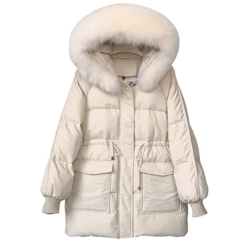 

Big Real Natural Fur Collar 2021 Winter Jacket Women Hooded Thick Wam Down Parkas Female White Duck Down Jacket Loose Down Coat
