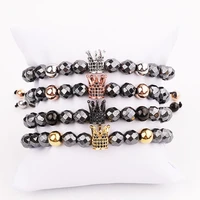 men bracelet jewelry hematite beads cz pave crown charm braided custom beaded macrame bracelet men gift