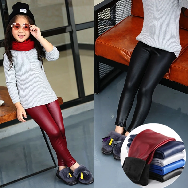 

Leggings for Baby Girls Winter Pencil Pants Children Solid PU Long Trousers Kids Clothing for Skinny Girls Thick Velvet Pants
