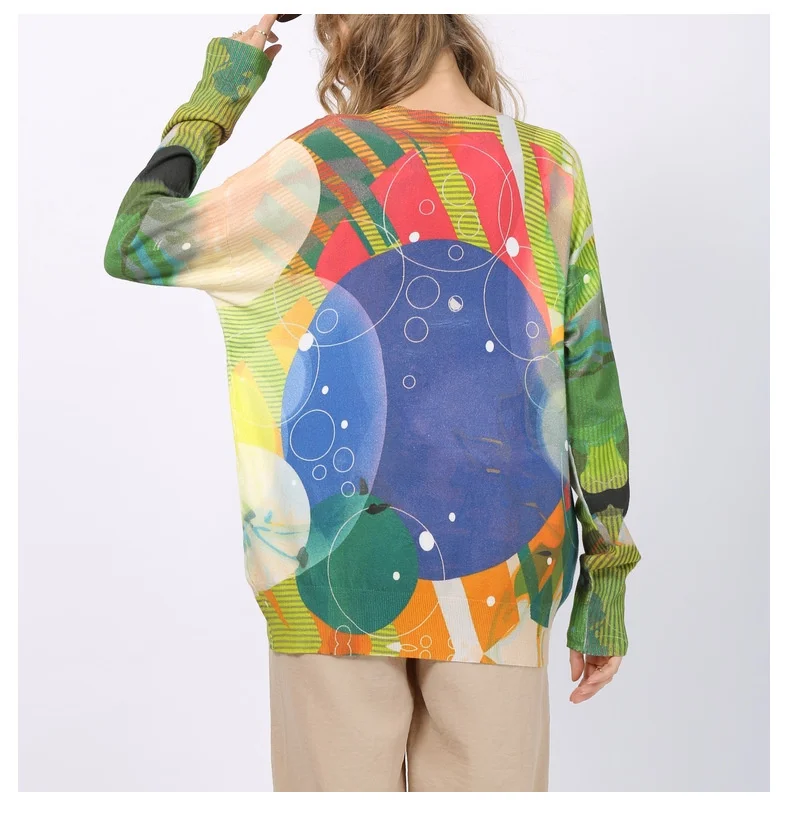 

Vefadisa Green Geometric Round Pattern Women Sweater 2021 Autumn Stitching Color Female Knitted Plus Size Pullovers QYF6052