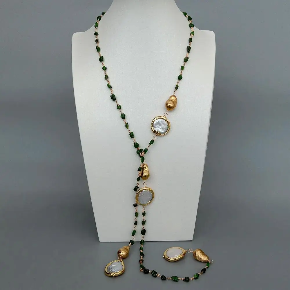 

Natural Green Diopside Cultured White Coin Pearl Long sweater chain Necklace 41"