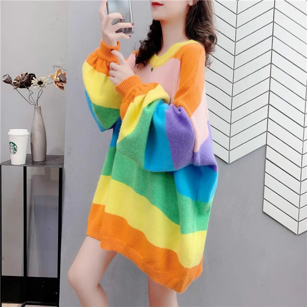 

Oversize Rainbow Sweaters for Women Winter 2020 Korean Long Sleeve Jumpers Loose Rainbow Striped Knitted Clothes