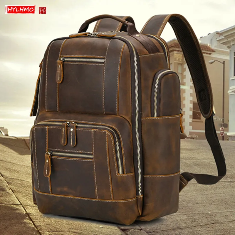 

Винтажный Мужской рюкзак HANSOMFY из кожи Крейзи Хорс, вместительный рюкзак из первого слоя воловьей кожи, 15-дюймовый компьютер