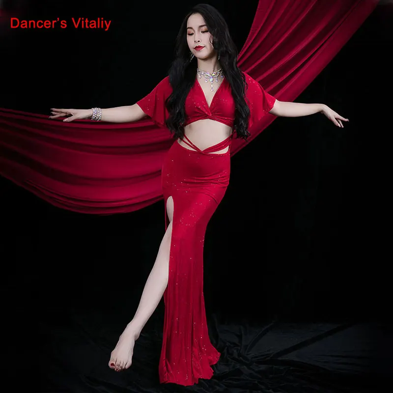 Платье для танца живота с блестками длинная юбка коротким рукавом одежда