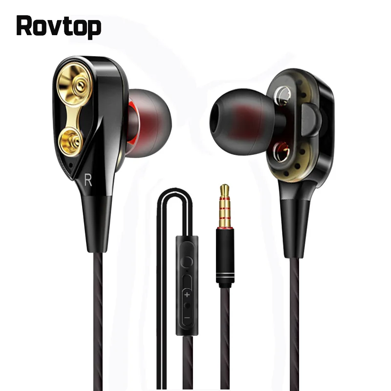 Black Проводные наушники Rovtop с высоким басом, двойной привод, стерео наушники-вкладыши с микрофоном, компьютерные наушники для сотового телефона - Цвет: Black