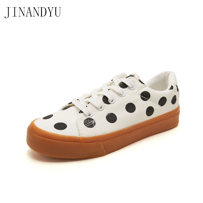 

Polka Dot White Canvas Shoes Breathable Women Summer Sneaker Lace Up Ladies Walking Flat Shoe 2021 Fashion Women Flats Shoes