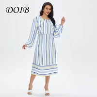 doib women blue striped dress plus size round neck lantern sleeve patchwork large size dress 2021 vintage summer dress