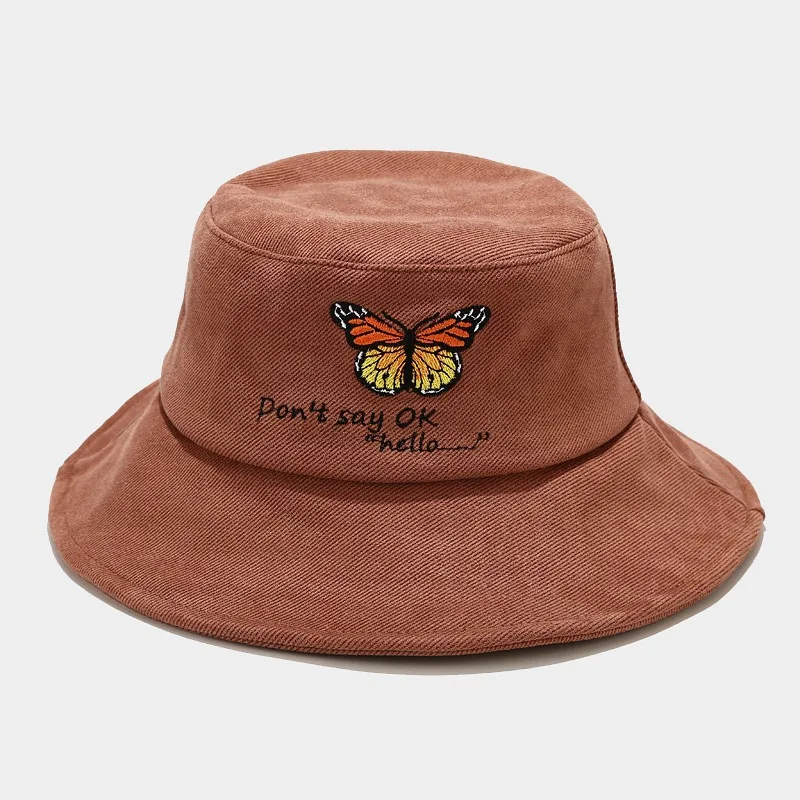 

New Fall Winter Embroidery butterfly bucket hat for woman female warm panama hat outdoor windproof DON'T SAY OK Letter bob hat