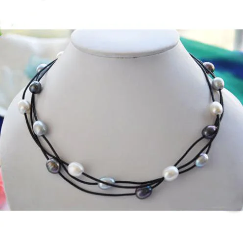 

New Arrival Leater Pearl Necklace 3 Row 18'' 14mm White Gray Black Rice Freshwater Pearls Black Rope Leather Jewelry Women Gift