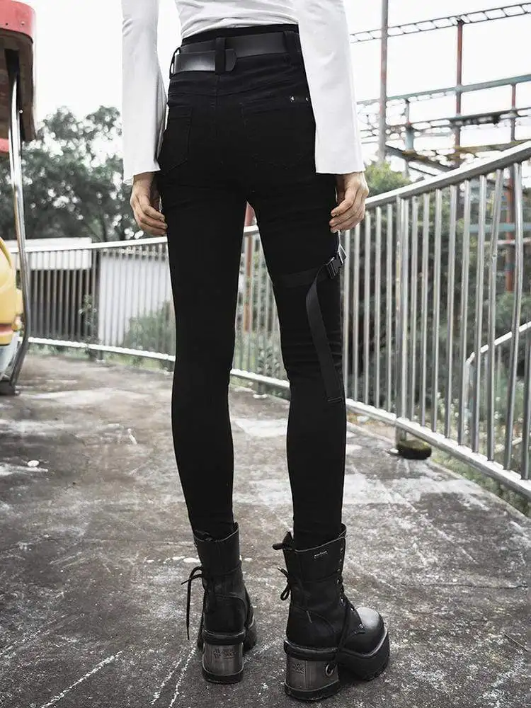 Панк рейв женские готические с высокой талией ремни узкие джинсы PK-321 | Женская