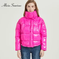 winter glossy jacket for women rose red parka female bread winter down parkas parka cotton padded shiny waterprooft coat
