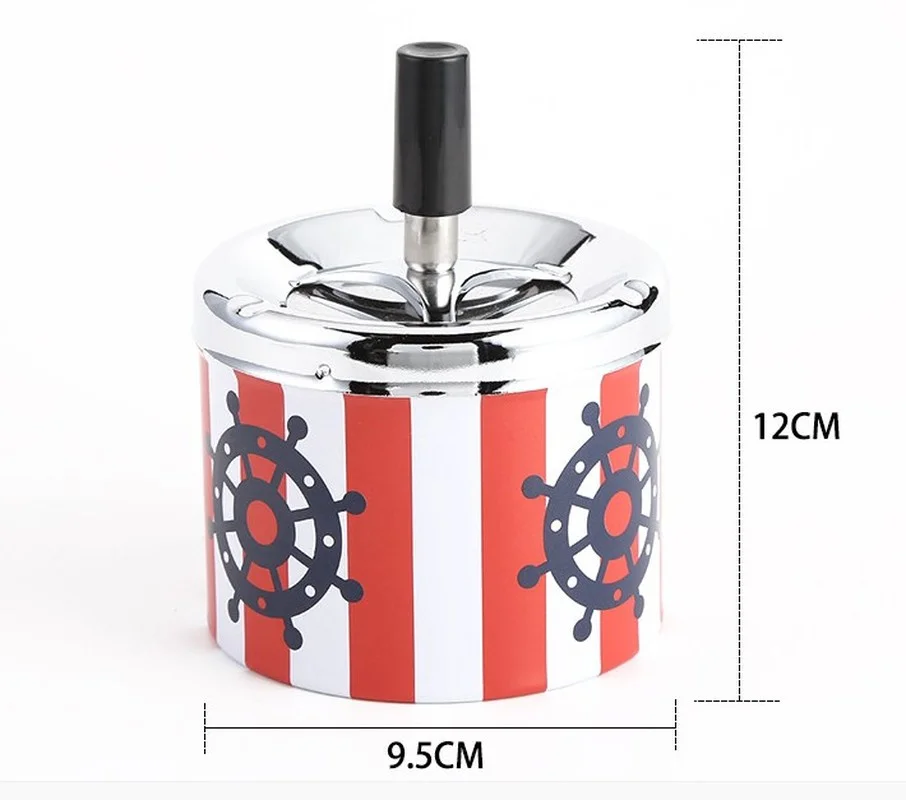 

1pc Pirate stripes Tinplate Ashtray with Spinning Tray Round Push Down Cigarette Windproof Ashtray Home Smoking Accessories Tray