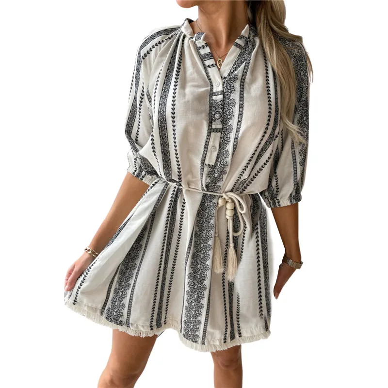 

Женское богемное платье на пуговицах, повседневное пляжное платье с принтом в полоску, v-образным вырезом, коротким рукавом, кисточками и ку...