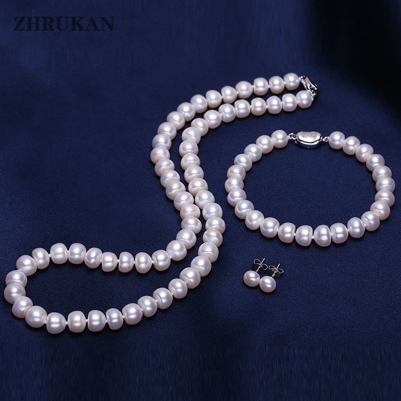 Pearl jewelry Sets 8-9mm Real Natural Freshwater Pearls 925 Sterling Silver Necklace Earrings Bracelet for women Fashion Gift | Украшения и