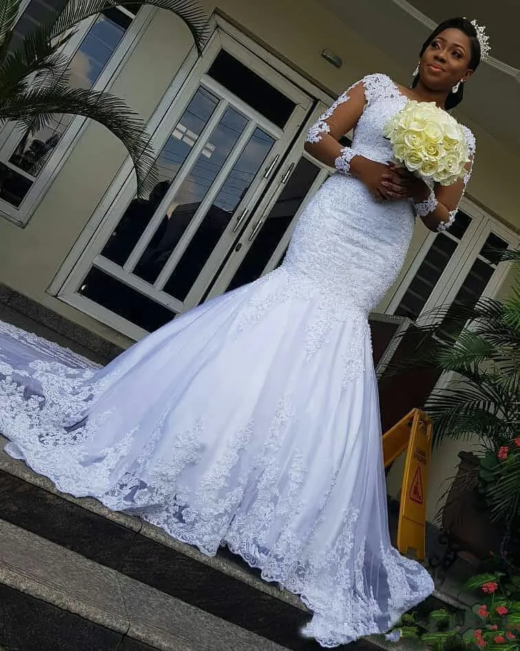 

South African Wedding Dresses Mermaid Long Sleeves Tulle Appliques Lace Beaded Nigeria Vestido De Noiva Bridal Wedding Gown