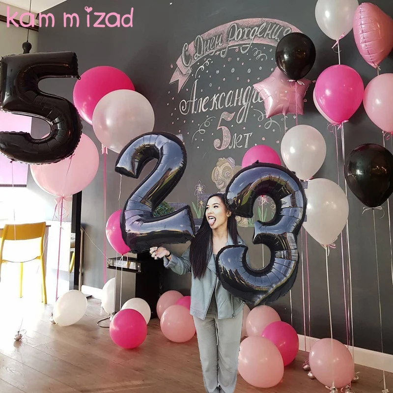 Воздушные шары из фольги в виде цифр черного цвета для празднования дня рождения