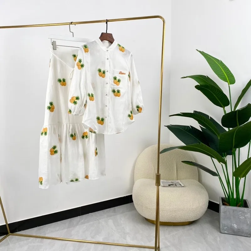 

2021 Summer Vintage Fashion Pineapple Embroidered White Linen Blouses High Waist Long Skirts Two Piece Set
