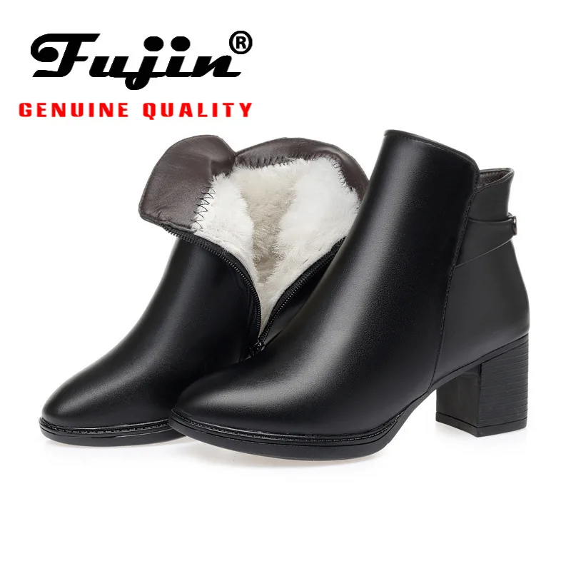 Fujin/зимние ботинки Теплая обувь из натуральной кожи на меху Модные ботильоны с