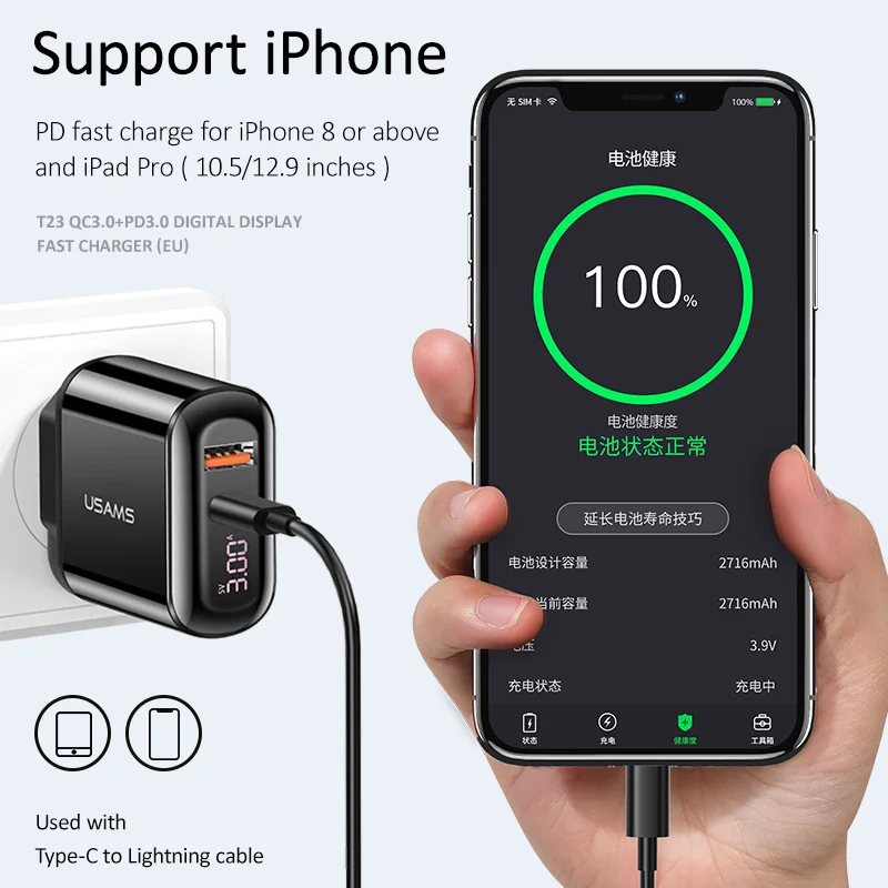 USAMS быстрое зарядное устройство 3 0 USB для iPhone светодиодный дисплей Type-C PD QC Samsung Xiaomi
