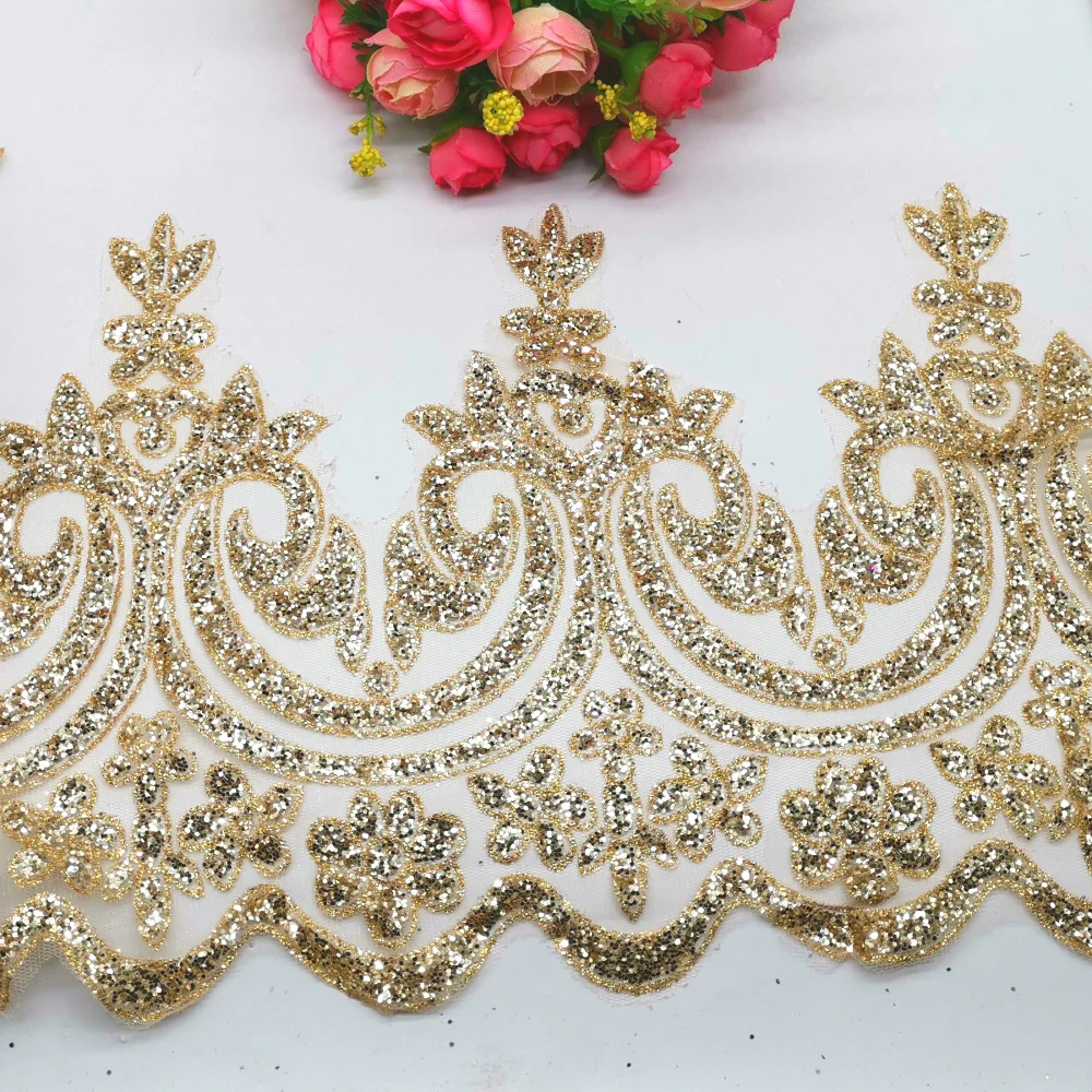 Gold Printing 22cm Золотая вышитая кружевная ткань для свадебного платья, самодельная одежда, аппликация цвета шампанского, Золотая кружевная отделка, зубчатые свадебные пояса 13 см-32 см - Цвет: Gold Printing 22cm