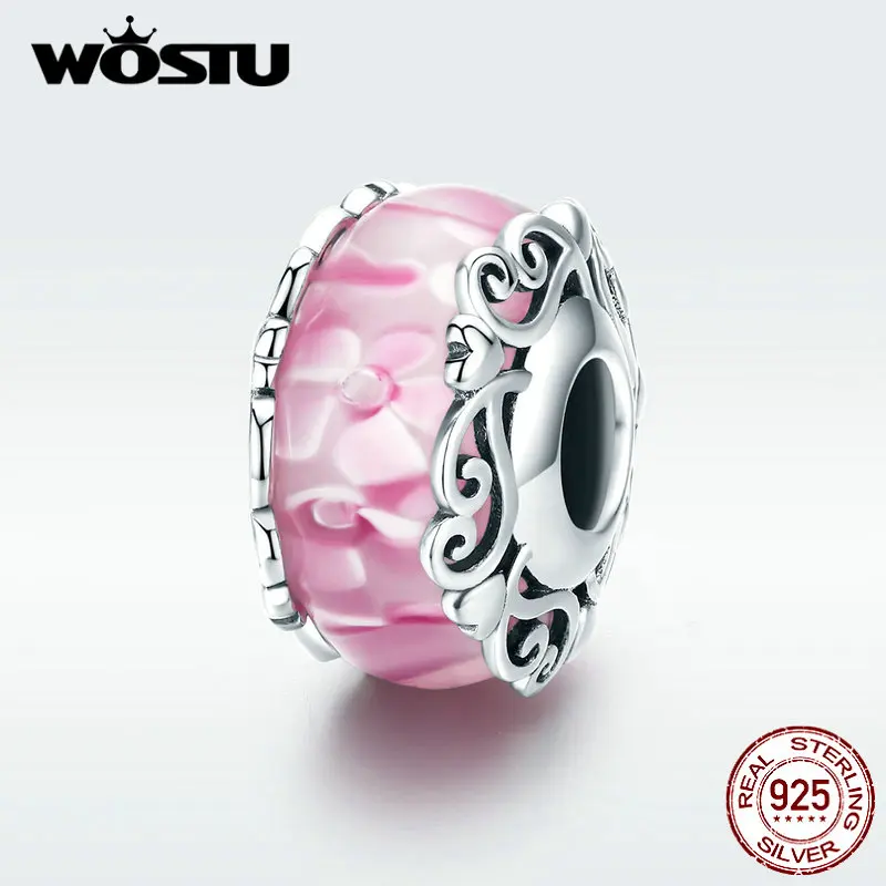 WOSTU подлинный 925 пробы серебряный розовый сердце к сердцу Подвеска из стеклянных бусин подходит браслет и ожерелье для женщин CQC1283