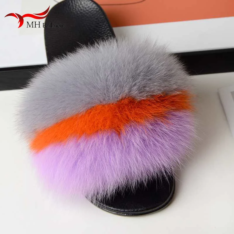 

Real Fox Fur Slippers Ladies Real Fur Flip Flops Fur Fur Slides Home Fashion Leather Non-slip Wear-resistant Indoor Slippers S 2