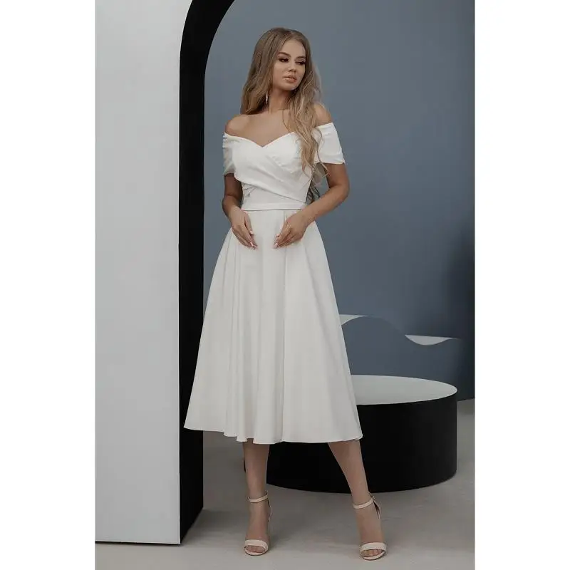 

Ivory Satin Chiffon V-Neck Off The Shoulder Knee-Length A-Line Wedding Gowns Custom Made Bridal Dresses