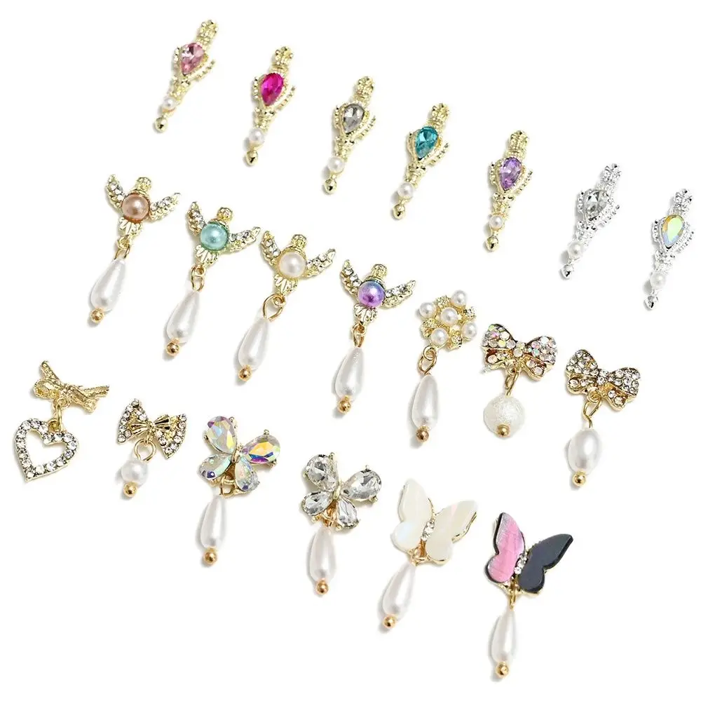 

10pcs/Lot Aurora Shell Butterfly Pendants Bow Heart Metal Alloy Crystal Magic Wand Bowknot Dangle Pendant Nail Art Charms JE1654